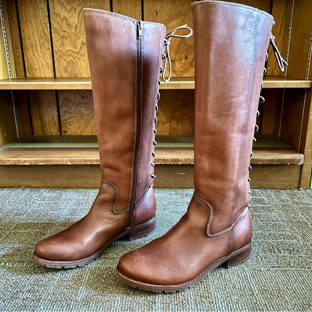 Sofft Brown Leather Sharnell II Lace Up Adjustable Riding Knee Boots, size 8 - Picture 1 of 14